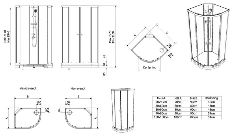 VikingBad Sofia Dusjkabinett  80x90x210, Pluss