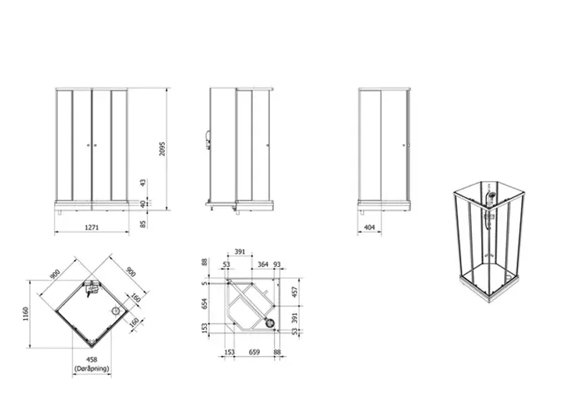 Dusjkabinett SOFIA rett standard 80x80x210cm hvit/hvit