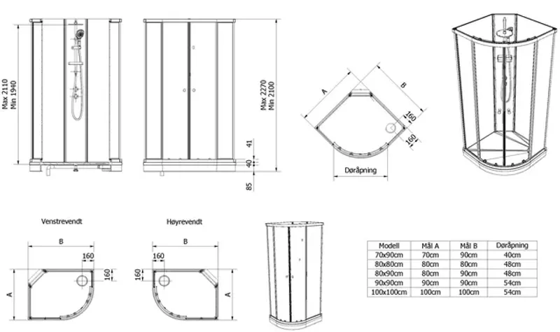 Dusjkabinett SOFIA pluss 100x100x210cm hvit søyle sort/klar