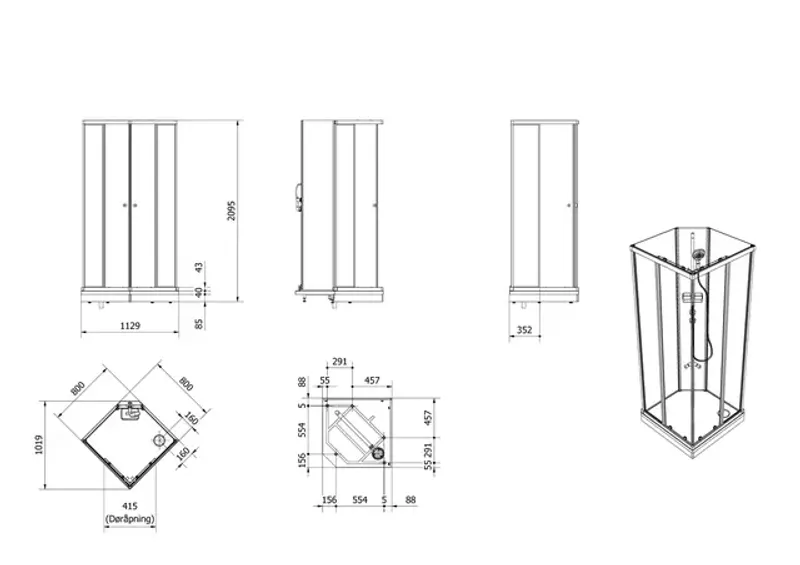 Dusjkabinett SOFIA rett basic 80x80 80x80x210cm hvit/hvit